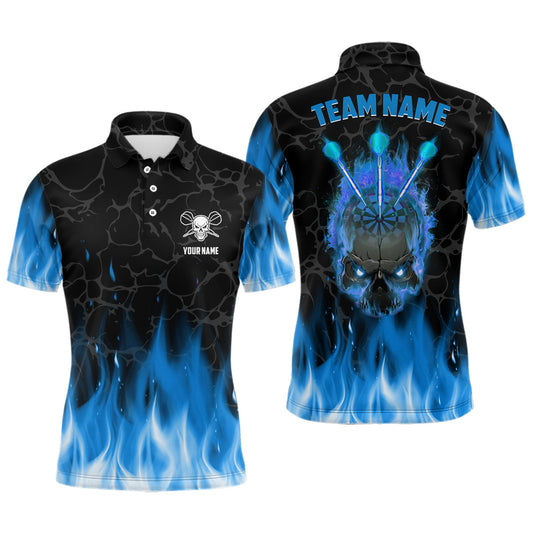 Blaues Flammen-Schädel Herren Darts Poloshirt – Gruseliges Dartshirt für Männer Darttrikots LDT1422