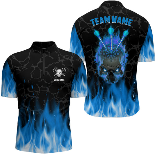 Blau Flammen Skull Darts Quarter-Zip Shirt – Individuelles Gruseliges Darts Shirt für Männer Dart Trikots LDT1422