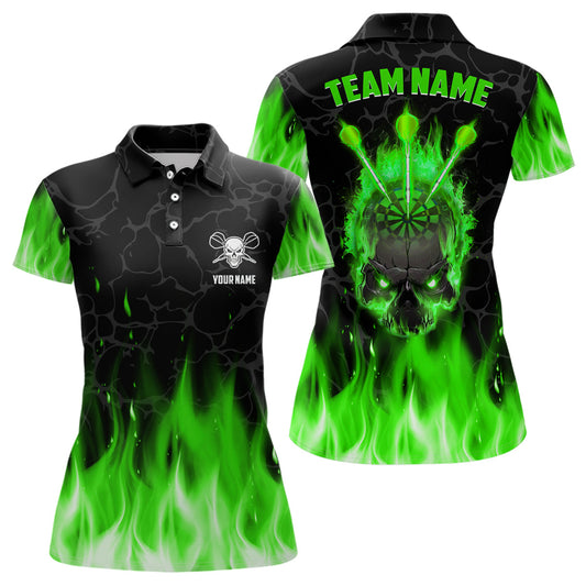 Grünes Flammen Skull Damen Dart Poloshirt – Individuelles Gruseliges Dart Trikot LDT1423