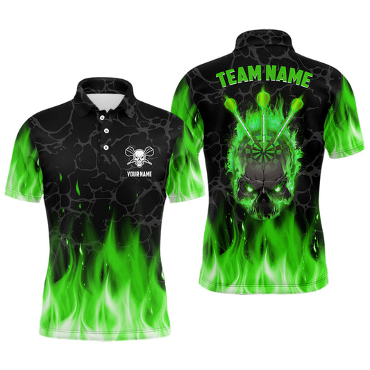 Grünes Flammen-Schädel Herren Darts Poloshirt – Gruseliges Dartshirt für Männer Darttrikots LDT1423