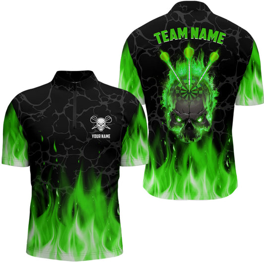 Grün Flammen Skull Darts Quarter-Zip Shirt – Individuelles Gruseliges Darts Shirt für Männer Dart Trikots LDT1423