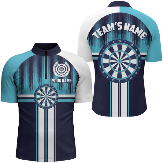 Maßgeschneiderte Dartboard Sports Style Weiß Blau Quarter-Zip Shirts – Darts Trikot für Männer LDT0416
