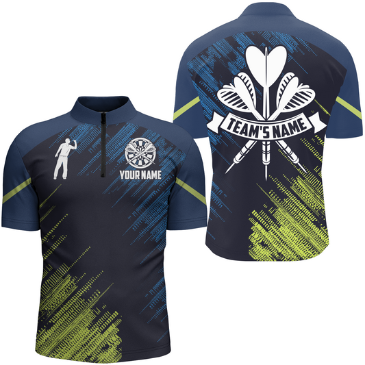 Personalisiertes Darts Sports Style Grün Blau Quarter-Zip Shirt – Darts Trikot für Männer LDT0421