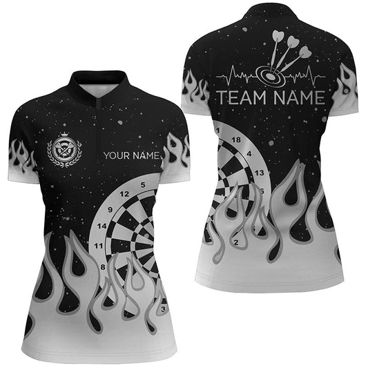 Individuelles Graues Schwarzes Dartboard Feuer Flamme Dart Damen Quarter Zip Shirt, Team Dart Trikot TDM2739
