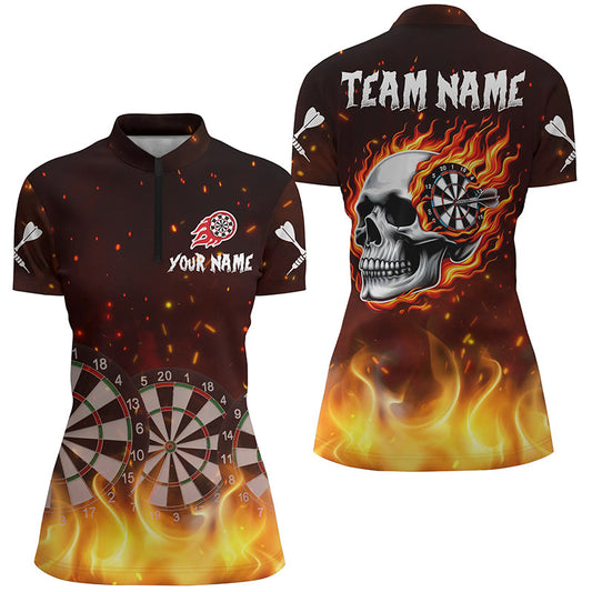 Individuelles Skull Fire Dart Board Damen Quarter Zip Shirt, Dart Team Liga Darttrikot TDM1197