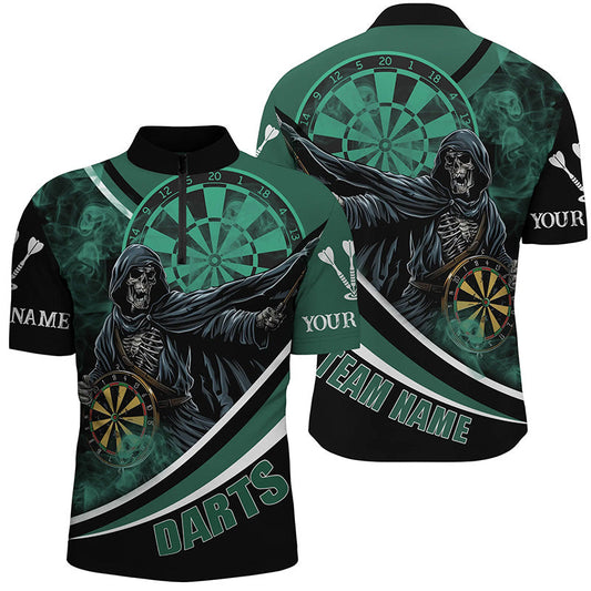 Individuelles Todes-Skelett Grünes Dart Trikot Herren Shirt mit Viertelreißverschluss, Dart Liga Shirts TDM1390