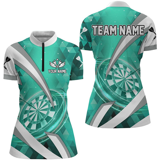 Individuelles türkises Dartboard Dart Quarter Zip Shirt für Damen, Dart Team Liga Shirt TDM1441