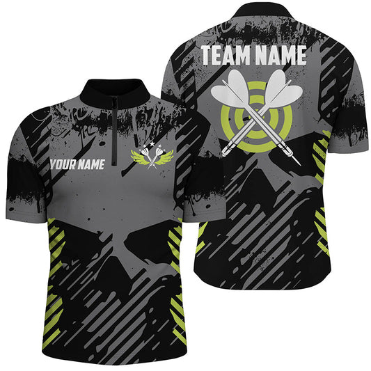 Individuelles Dart Totenkopf Grau Grunge Stil Herren Shirt mit Viertelreißverschluss, Top Geschenkidee für Dartspieler TDM1233