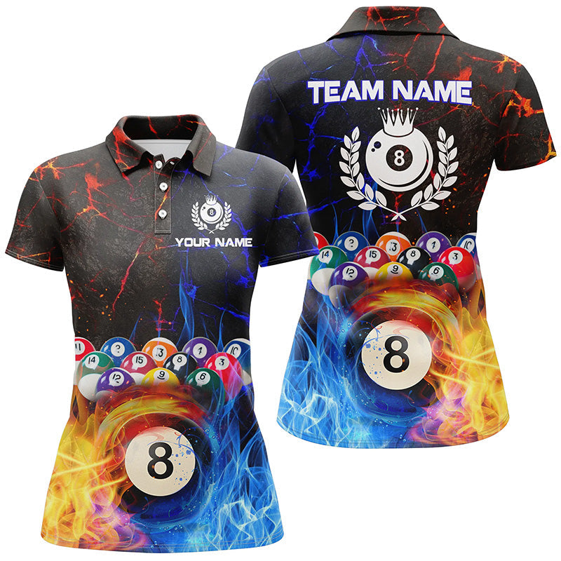 Billard 8-Ball Wasser-Feuer personalisiertes 3D-Poloshirt für Damen, Poolliga-Shirt TDM0571