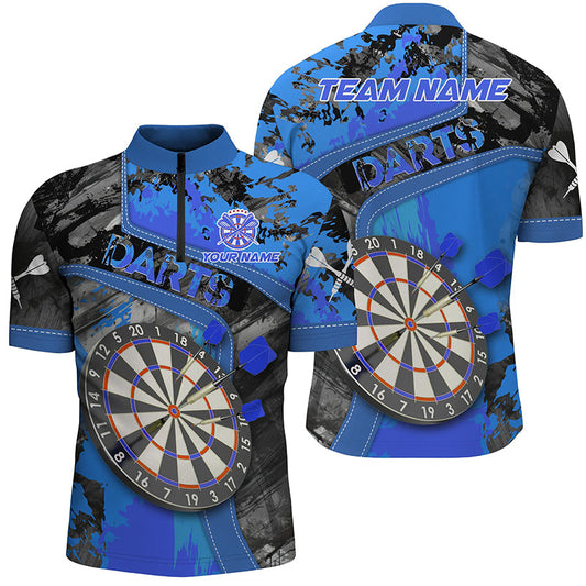 Individuelles Blaues Dartboard Grunge Herren Shirt mit Viertelreißverschluss, Dart Team Uniform Trikot TDM1273
