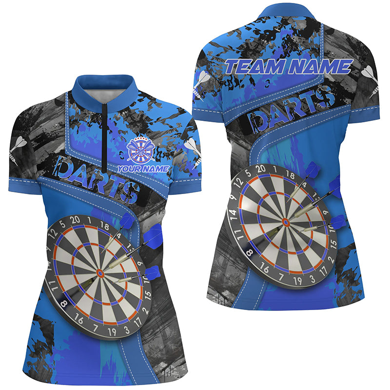 Individuelles Dartboard Blau Grunge Damen Quarter Zip Shirt, Dart Team Trikot Uniform TDM1273