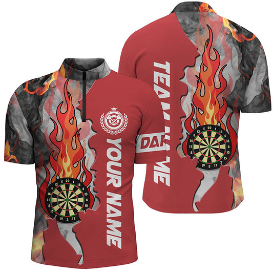 Individuelles Rotes Dartboard Feuer Flamme Rauch Herren Shirt mit Viertelreißverschluss, Dart Trikot TDM1307