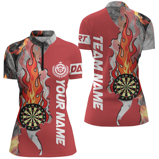 Individuelles rotes Darts Board Fire Flame Smoke Damen Quarter Zip Shirt, Dart Teamtrikot TDM1307