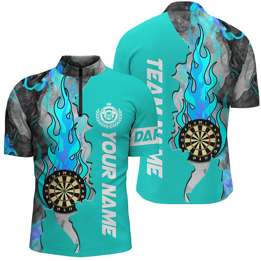 Individuelles Türkises Dartboard Feuer Flamme Rauch Herren Shirt mit Viertelreißverschluss, Dart Trikot TDM1308