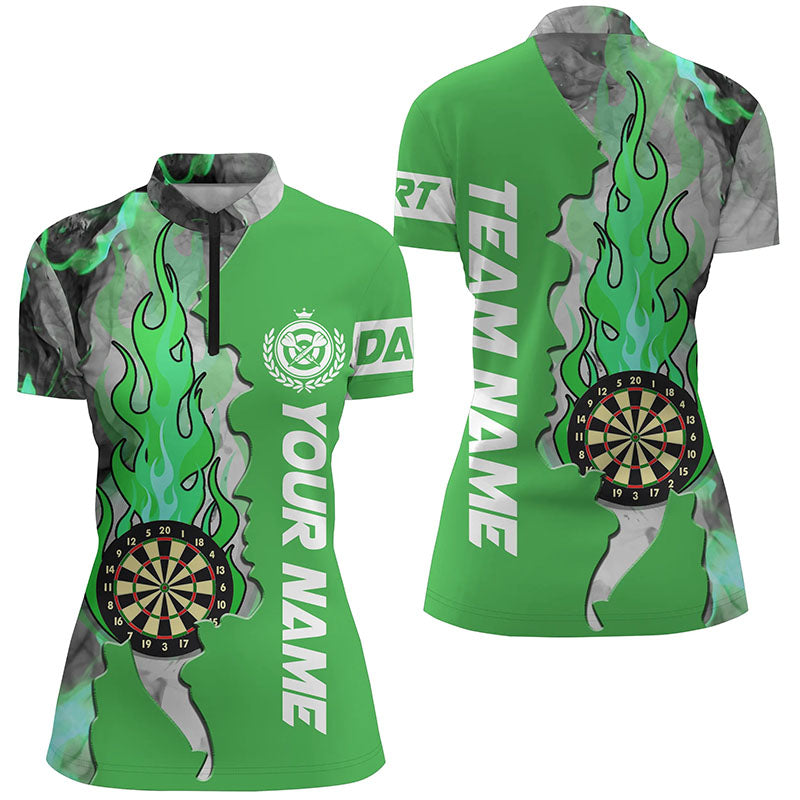 Individuelles grünes Darts Board Fire Flame Smoke Damen Quarter Zip Shirt, Dart Teamtrikot TDM1309