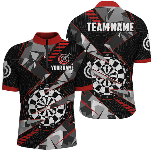 Schwarz Rotes Grunge Dartboard Dart Herren Shirt mit Viertelreißverschluss, Dart Team Liga Shirt TDM1516