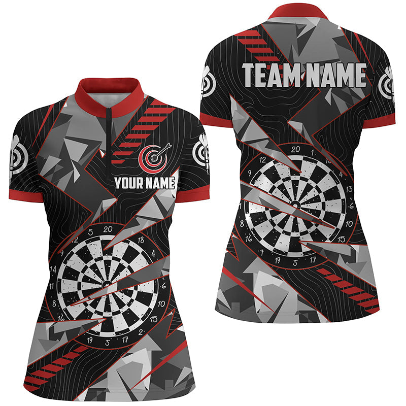 Individuelles schwarz-rotes Grunge Dartboard Dart Quarter Zip Shirt für Damen, Dart Team Liga Shirt TDM1516