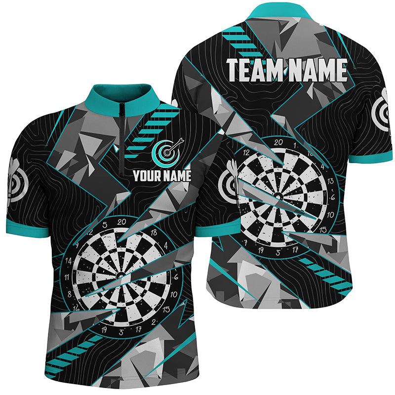 Schwarz Türkises Grunge Dartboard Dart Herren Shirt mit Viertelreißverschluss, Dart Team Liga Shirt TDM1517