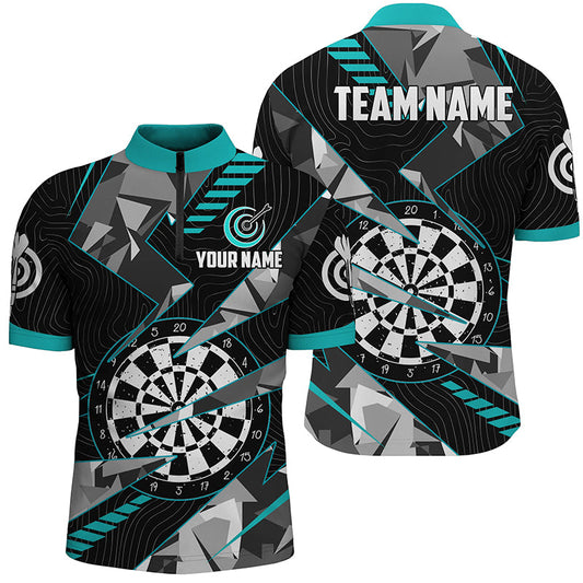 Schwarz Türkises Grunge Dartboard Dart Herren Shirt mit Viertelreißverschluss, Dart Team Liga Shirt TDM1517