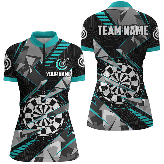 Individuelles schwarz-türkises Grunge Dartboard Dart Quarter Zip Shirt für Damen, Dart Team Liga Shirt TDM1517