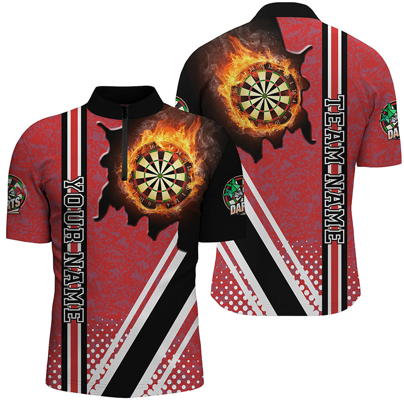 Individuelles Schwarz-Rotes Dartboard Feuerflamme Herren Shirt mit Viertelreißverschluss, Dart Team Trikot TDM1334