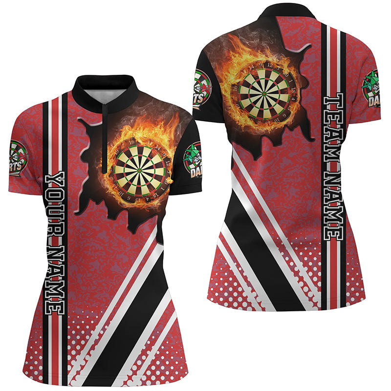 Individuelles schwarzes rotes Dartboard Fire Flame Damen Quarter Zip Shirt, Dart Teamtrikot TDM1334