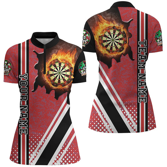 Individuelles schwarzes rotes Dartboard Fire Flame Damen Quarter Zip Shirt, Dart Teamtrikot TDM1334