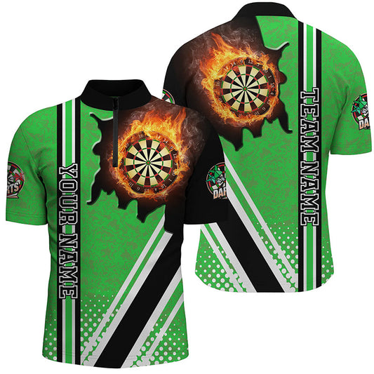 Individuelles Schwarz-Grünes Dartboard Feuerflamme Herren Shirt mit Viertelreißverschluss, Dart Team Trikot TDM1335