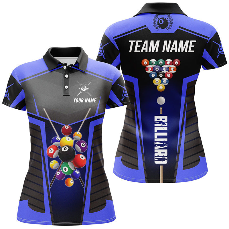 Blaues Billardkugeln-Poloshirt für Poolspielerinnen, individuelles Billardshirt TDM0654