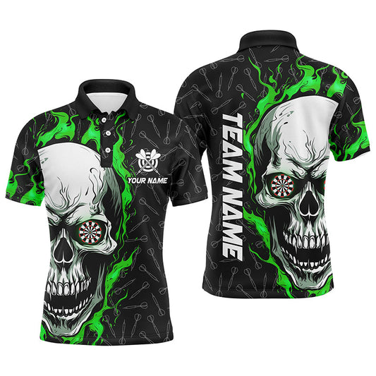 Individuelles Grünes Skull Flame Dart Poloshirt für Herren, Dart Shirts Für Team Dart Trikot TDM1179