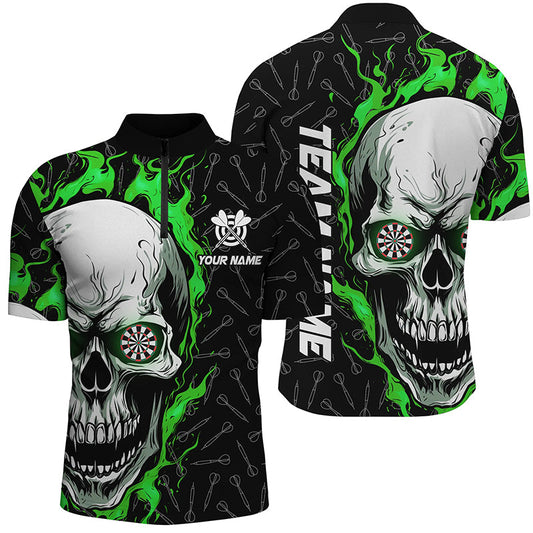Individuelles Grünes Totenkopf-Flamme Dart Herren Shirt mit Viertelreißverschluss, Dart Trikot TDM1179