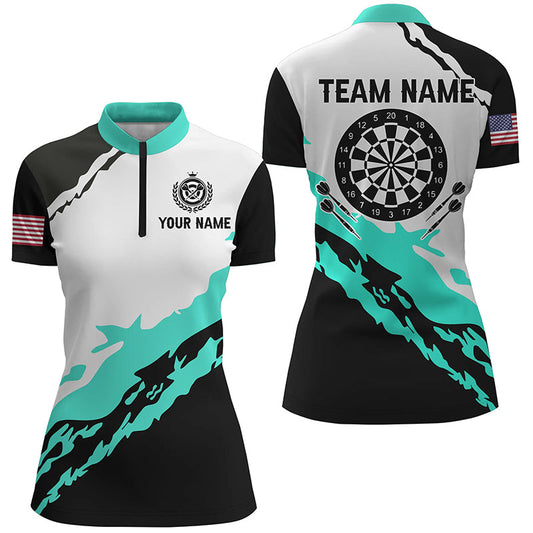 Individuelles Dartboard türkises schwarzes Dart Quarter Zip Shirt für Damen, Team Darttrikot TDM1367