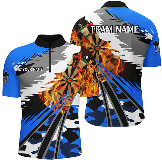 Individuelles Dartboard Feuer Herren Shirt mit Viertelreißverschluss, Blaues Dart Team Outfit TDM1194