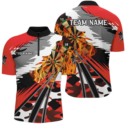 Individuelles Dartboard Feuer Herren Shirt mit Viertelreißverschluss, Rotes Dart Team Outfit TDM1195