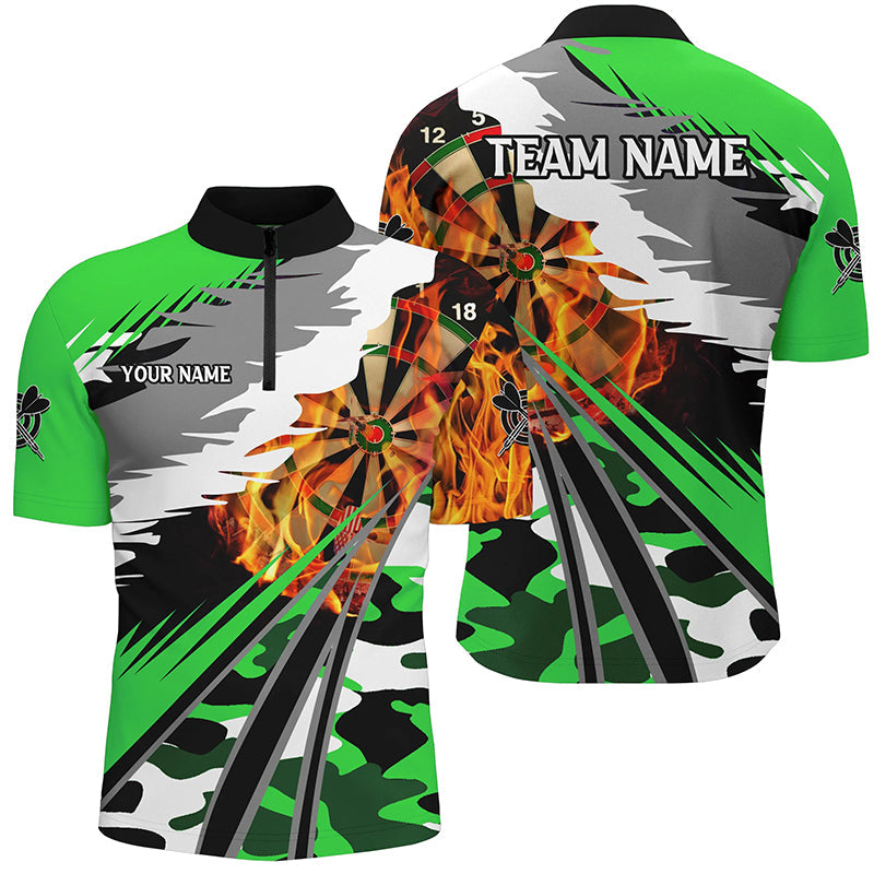 Individuelles Dartboard Feuer Herren Shirt mit Viertelreißverschluss, Grünes Dart Team Outfit TDM1196