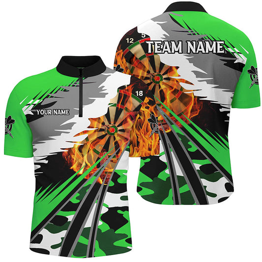 Individuelles Dartboard Feuer Herren Shirt mit Viertelreißverschluss, Grünes Dart Team Outfit TDM1196