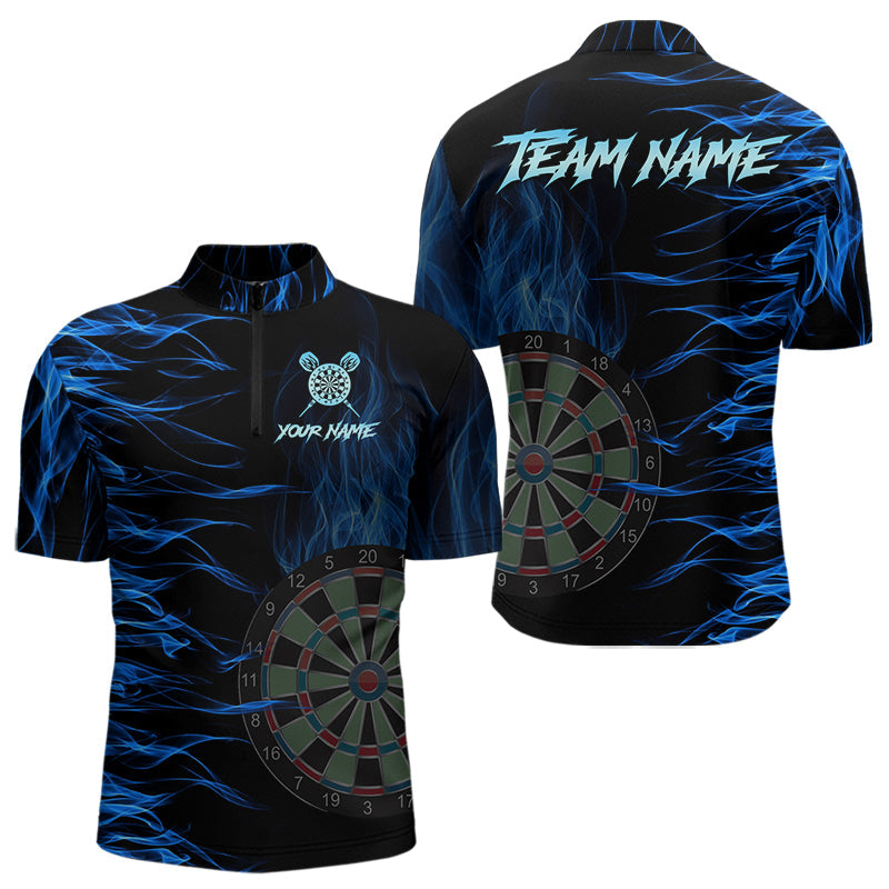 Individuelles Blau Flammend 3D Feuer Dart Viertelreißverschluss Herren Shirt, Team Dart Trikot Shirt TDM3685