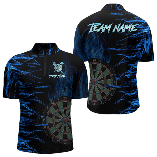 Individuelles Blau Flammend 3D Feuer Dart Viertelreißverschluss Herren Shirt, Team Dart Trikot Shirt TDM3685