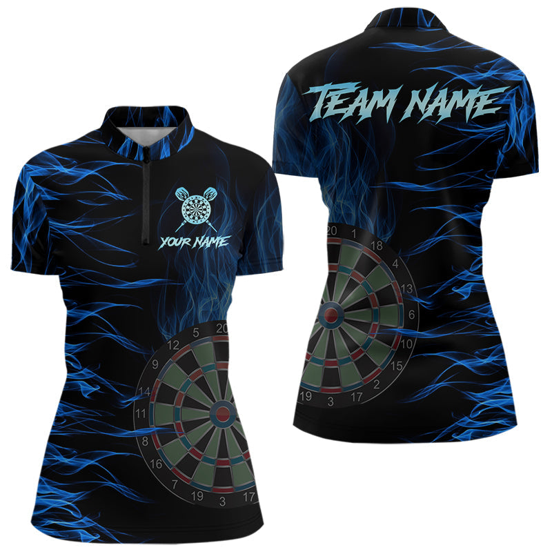 Individuelles Blau Flammendes 3D Feuer Dart Damen Quarter Zip Shirt, Team Dart Trikot Shirt TDM3685