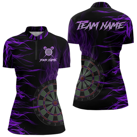 Individuelles Lila Flammendes 3D Feuer Dart Damen Quarter Zip Shirt, Team Dart Trikot Shirt TDM3686