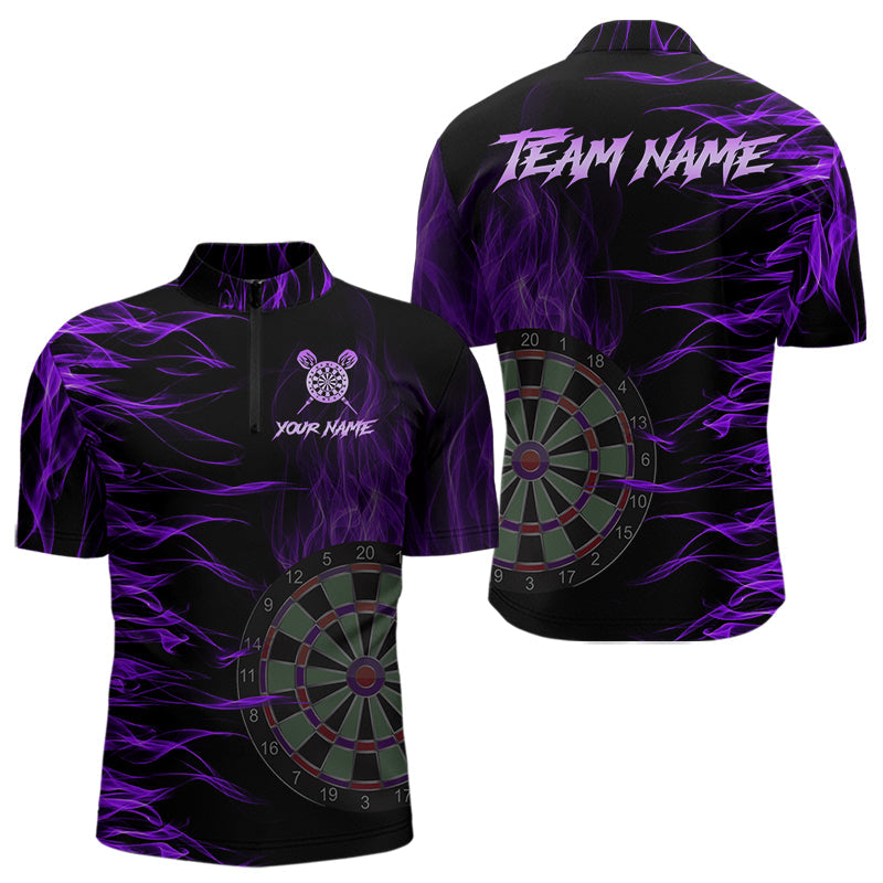Individuelles Lila Flammend 3D Feuer Dart Viertelreißverschluss Herren Shirt, Team Dart Trikot Shirt TDM3686