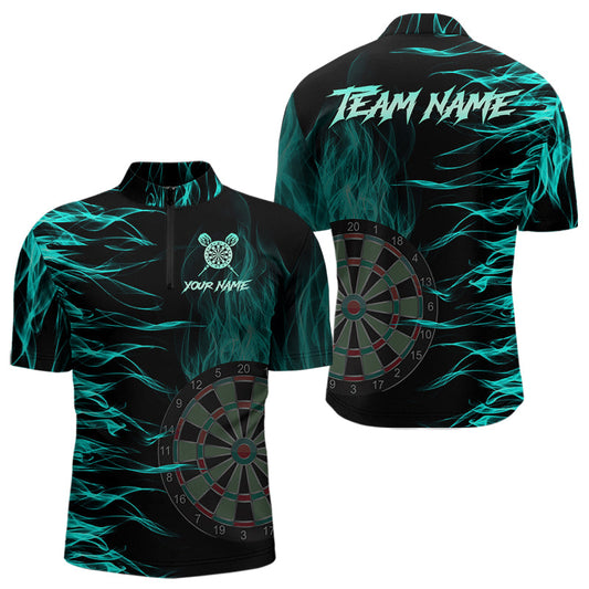 Individuelles Türkis Flammend Dart Viertelreißverschluss Herren Shirt, Feuer Dart Trikot Team Shirt TDM3687