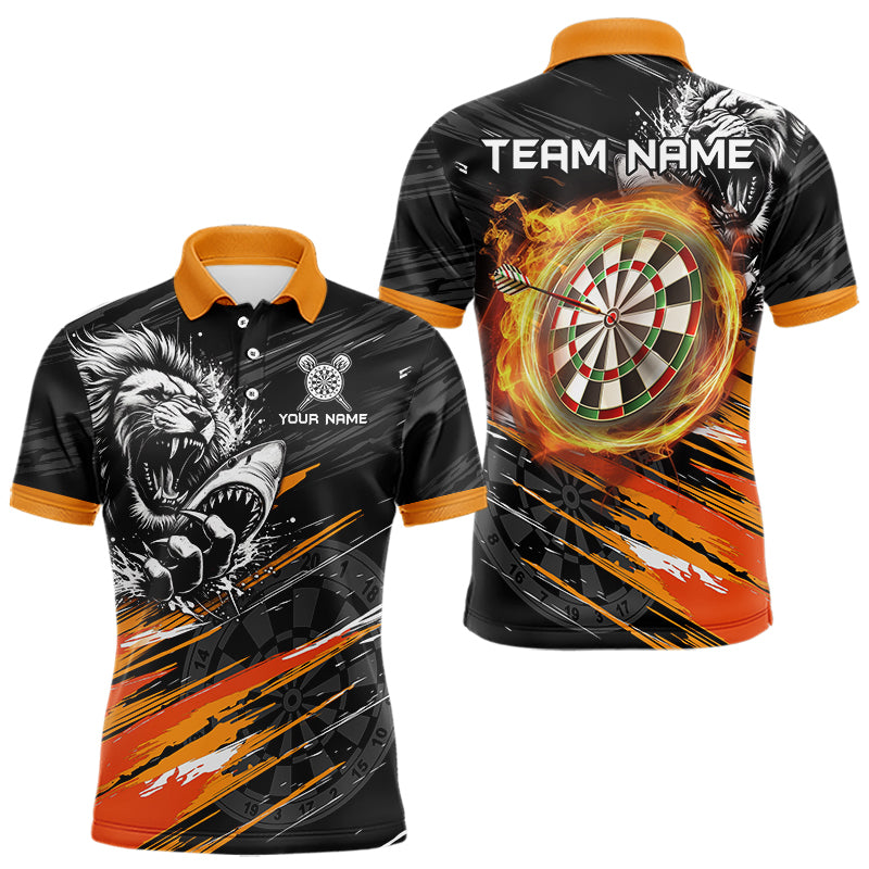 Individuelles Orange Schwarzes Grunge Löwe Hai Dart Poloshirt für Herren – Dart Trikot TDM3847