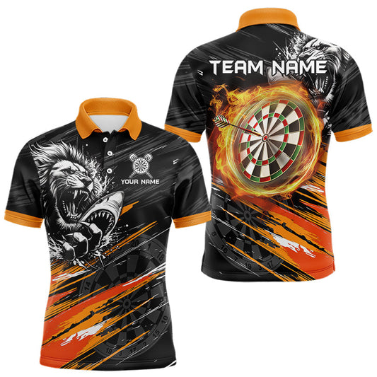 Individuelles Orange Schwarzes Grunge Löwe Hai Dart Poloshirt für Herren – Dart Trikot TDM3847