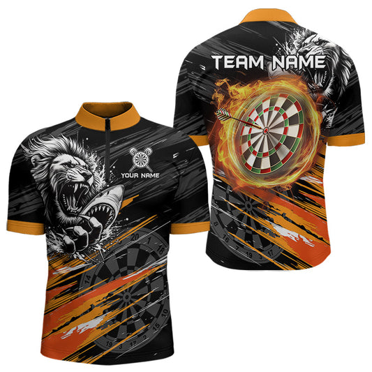 Individuelles Orange Schwarz Grunge Löwe Hai Dart Viertelreißverschluss Herren Shirt – Dart Trikot TDM3847