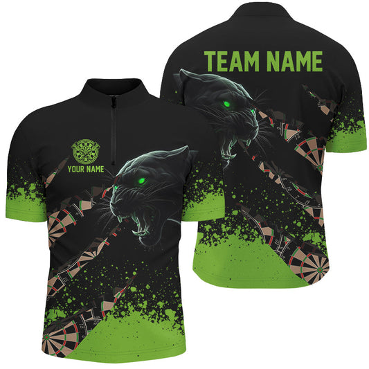 Individuelles Grünes Grunge Panther Dart Herren Shirt mit Viertelreißverschluss, Lustiges Dart Team Trikot TDM2684