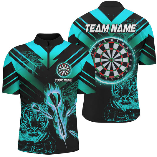 Individuelles Türkises Pfeil Fire Tiger Dart Herren Shirt mit Viertelreißverschluss, Dart League Team Trikot TDM2689