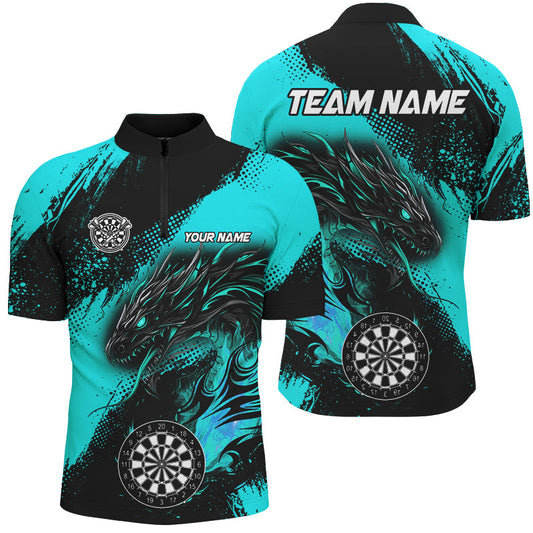 Individuelles Türkises Grunge Dragon Dart Herren Shirt mit Viertelreißverschluss, Dart Trikot Uniform TDM2691