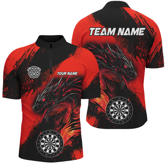 Individuelles Rotes Grunge Dragon Dart Herren Shirt mit Viertelreißverschluss, Dart Trikot Team Uniform TDM2692