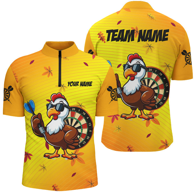 Individuelles Gelbes Lustiger Truthahn Dart Herren Shirt mit Viertelreißverschluss, Erntedank Dart Trikot TDM2696